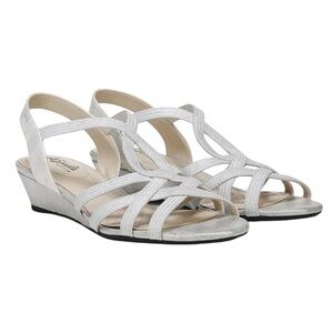 LifeStride Yaya Sandal 6.5 Wide Strappy Silver Wedge Shoes Criss Cross Low Heel